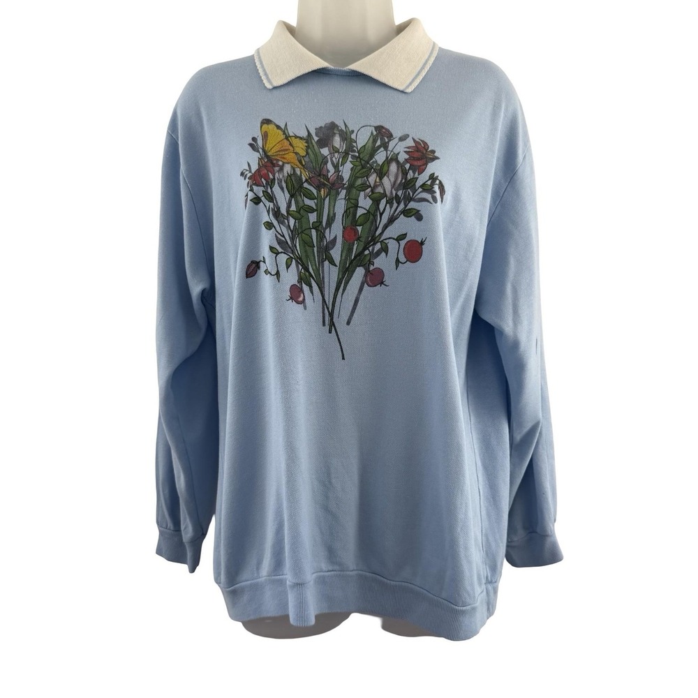 Vintage Sweatshirt Womens XL Blue Floral Butterfly Collar Retro 90s Cottagecore - Picture 2 of 16